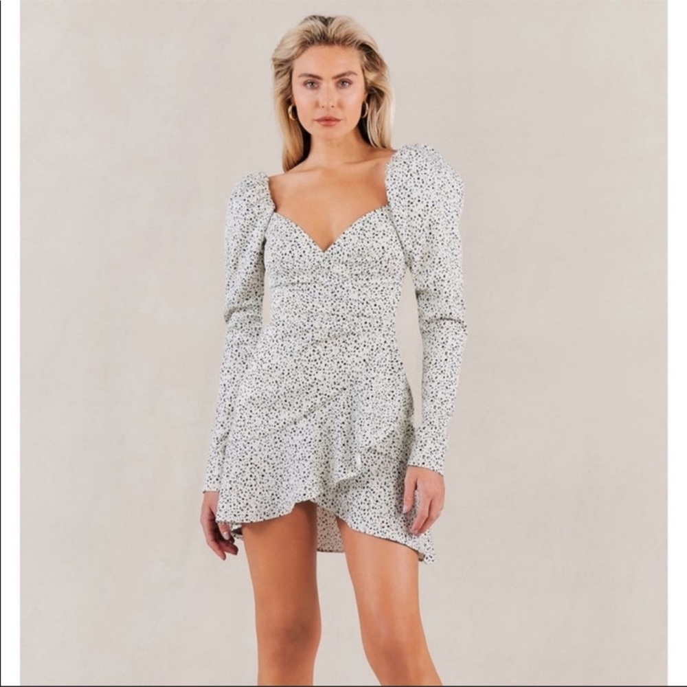 Misha Lourdetta Long Puff Sleeve Mini Dress Spot Print Snow Leopard White 4